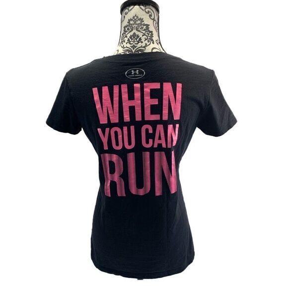 $5 ADD ON ITEM Under Armor semi fitted black/pink “why walk” logo T-shirt - Picture 7 of 11